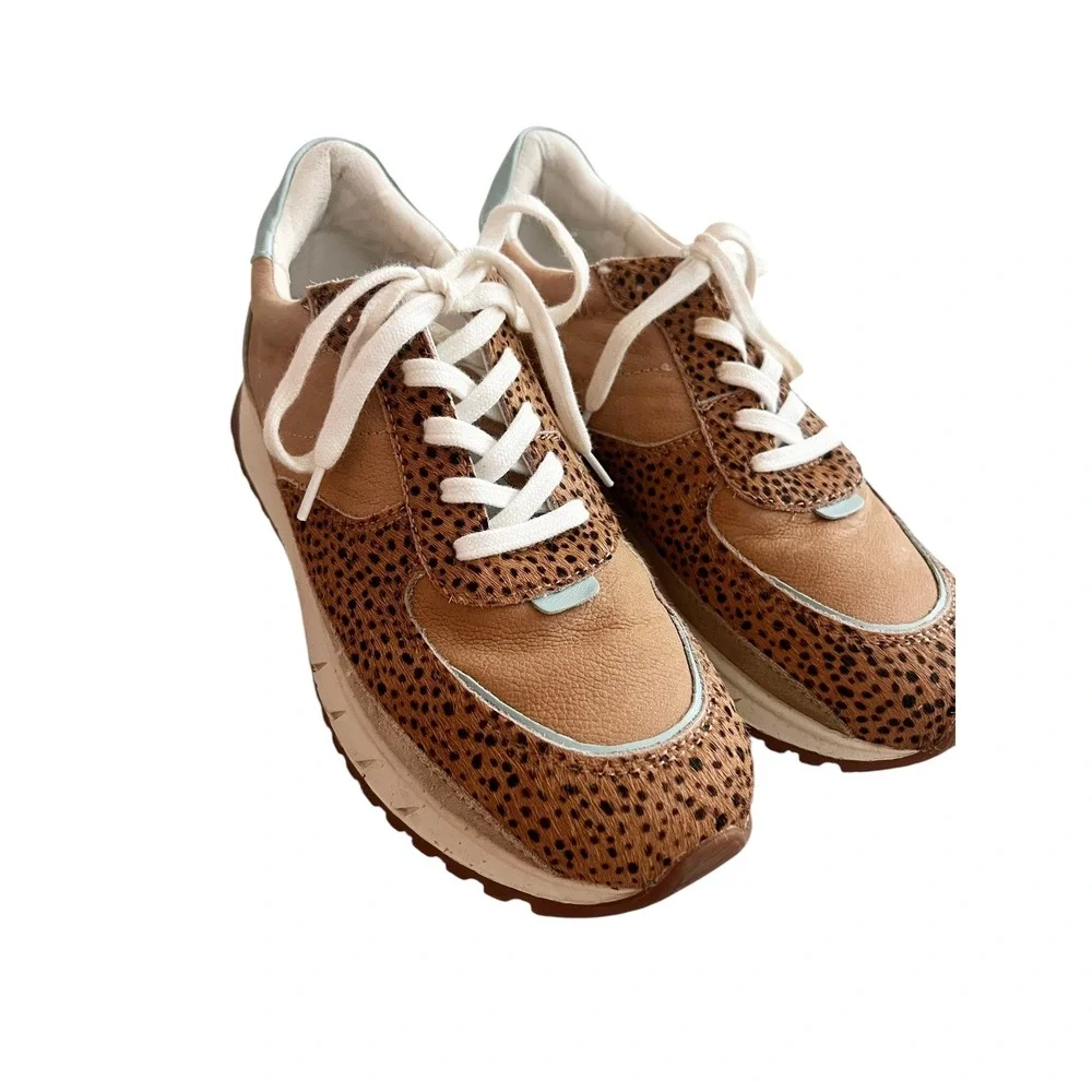 Madewell MWL Court Sneakers Cheetah Calf Hair Leather Tan Blue NA848 Womens 8.5